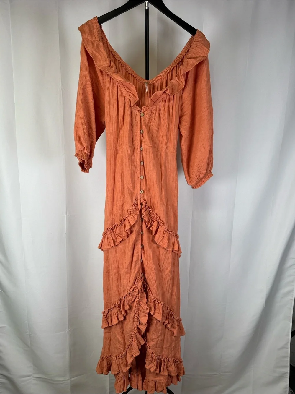 Free People Oh So Romantic Maxi Dress Coral Ruffle Button Front Boho Size S